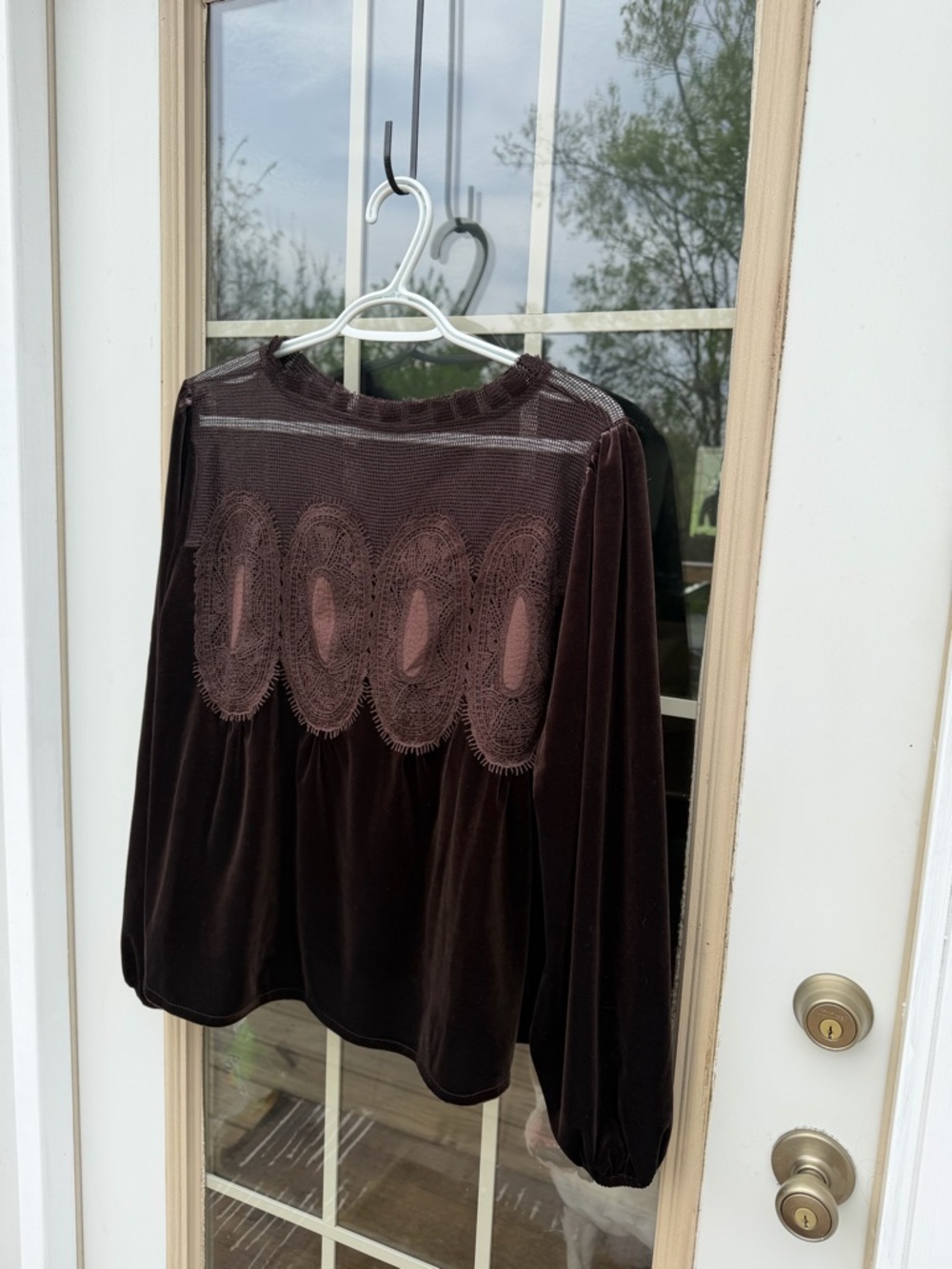 NWT Women's Brown Velvet Lace Yoke Long-Sleeve Top - Picture 2 of 3
